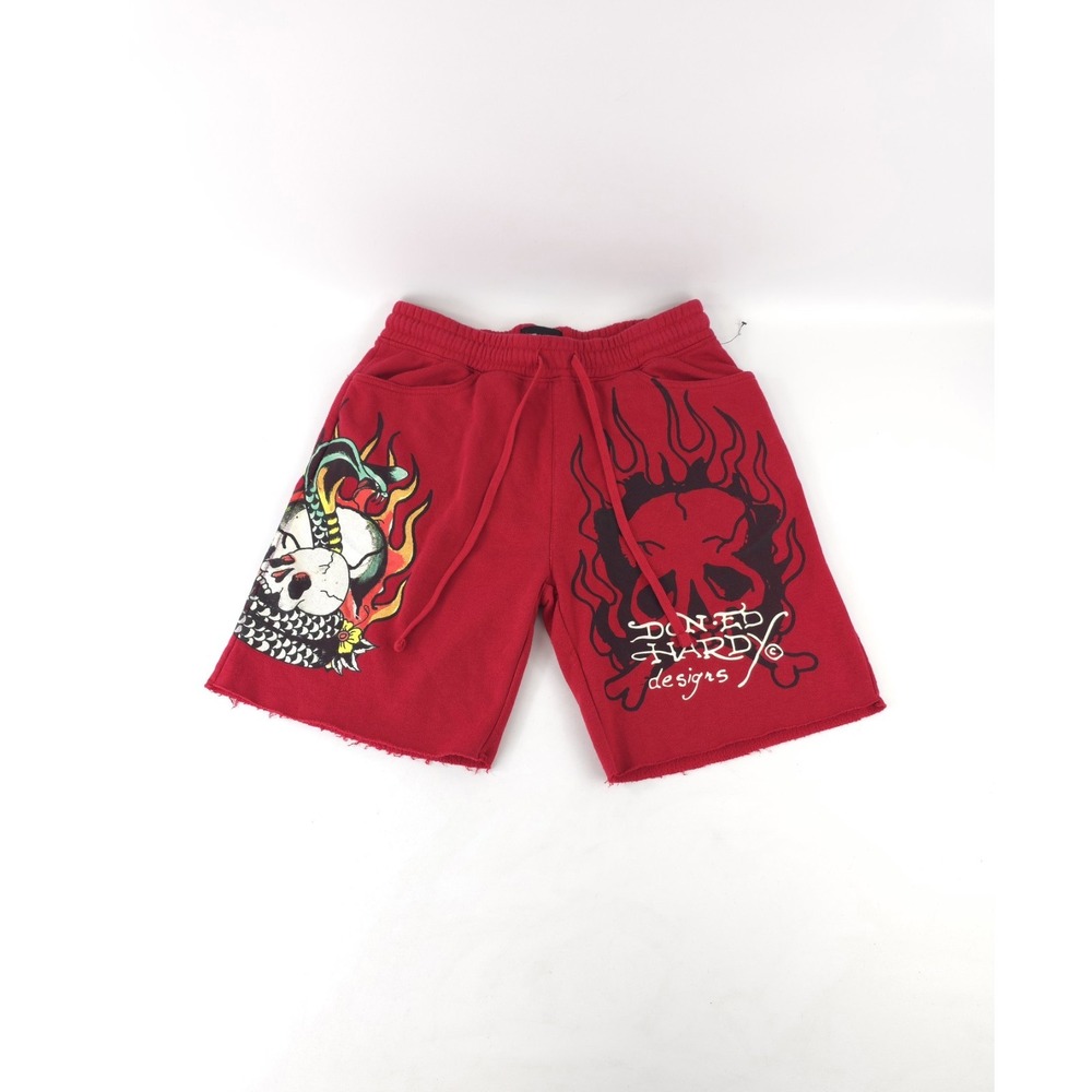 Ed Hardy Men's Small Sweat Shorts 7" Inseam Drawstring Red Tattoo Heart Skull